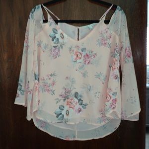Haute Monde Floral Cold Shoulder Top Shirt Blouse Pink-L